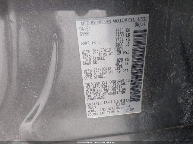1N6AA1EC1RN116430 Nissan Titan Sv 4x4