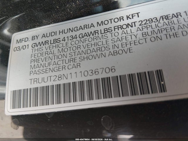 45479654 :رقم المزاد ، TRUUT28N111036706 vin ، 2001 Audi Tt مزاد بيع