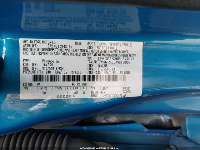45479692 :رقم المزاد ، 1FADP3K26FL327027 vin ، 2015 Ford Focus Se مزاد بيع