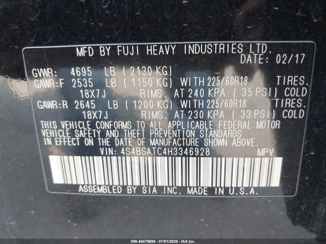 Продаж на аукціоні авто 2017 Subaru Outback 2.5i Touring, vin: 4S4BSATC4H3346928, номер лоту: 45479698