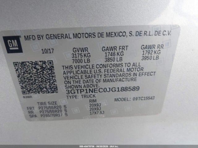Продажа на аукционе авто 2018 Gmc Sierra 1500 Slt, vin: 3GTP1NEC0JG188589, номер лота: 45479706