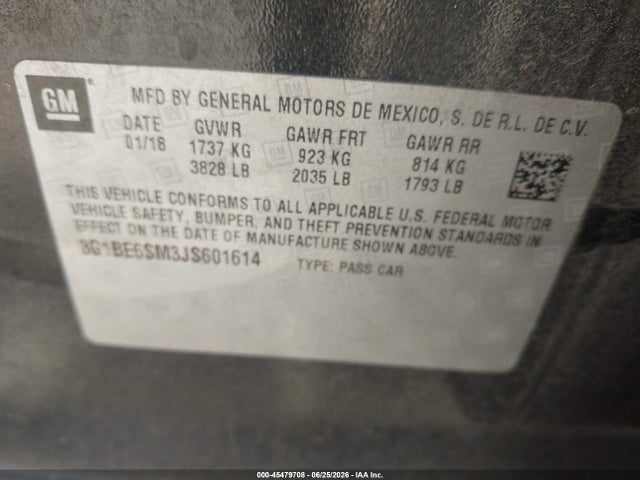 2018 Chevrolet Cruze Lt Auto მანქანა იყიდება აუქციონზე, vin: 3G1BE6SM3JS601614, აუქციონის ნომერი: 45479708