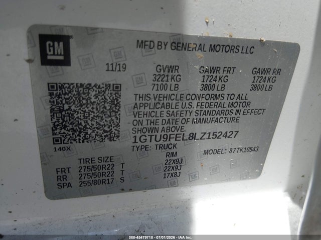 45479710 :رقم المزاد ، 1GTU9FEL8LZ152427 vin ، 2020 Gmc Sierra 1500 4wd  Short Box Denali مزاد بيع