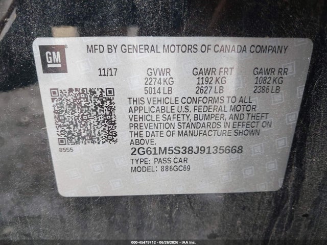 45479712 :رقم المزاد ، 2G61M5S38J9135668 vin ، 2018 Cadillac Xts Luxury مزاد بيع