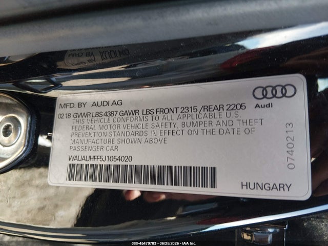 Продаж на аукціоні авто 2018 Audi A3 2.0t Premium/2.0t Tech Premium, vin: WAUAUHFF5J1054020, номер лоту: 45479783