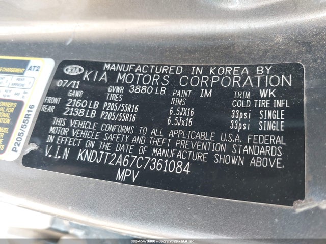 45479800 :رقم المزاد ، KNDJT2A67C7361084 vin ، 2012 Kia Soul + مزاد بيع