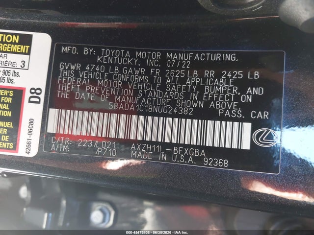 Lexus ES 300H 2022 58ADA1C18NU024382 Image 9