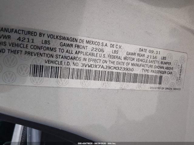 45479828 :رقم المزاد ، 3VWDX7AJ9CM323930 vin ، 2012 Volkswagen Jetta 2.5l Se مزاد بيع