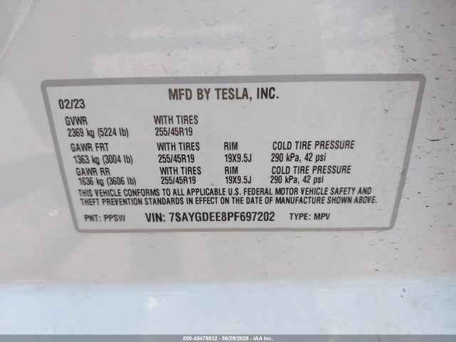 Auction sale of the 2023 Tesla Model Y Awd/long Range Dual Motor All-wheel Drive, vin: 7SAYGDEE8PF697202, lot number: 45479832