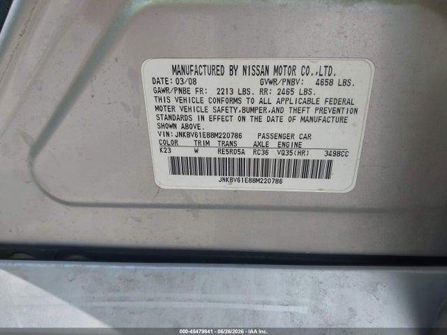 Продаж на аукціоні авто 2008 Infiniti G35 Journey, vin: JNKBV61E88M220786, номер лоту: 45479841