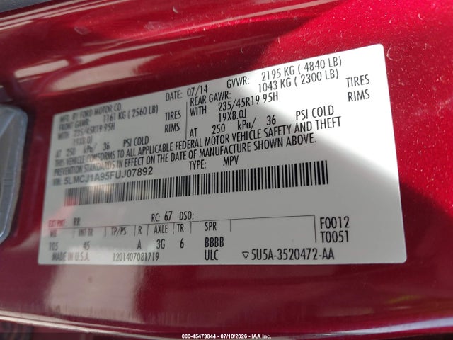 Aukcja sprzedaży 2015 Lincoln Mkc, vin: 5LMCJ1A95FUJ07892, numer aukcji: 45479844