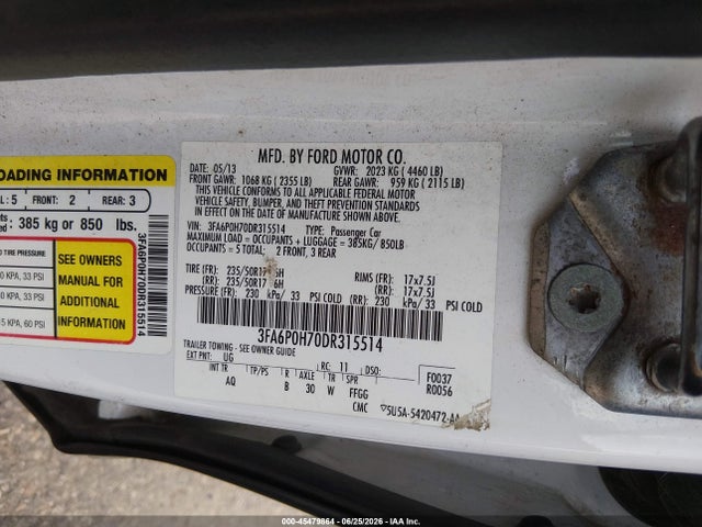 Продаж на аукціоні авто 2013 Ford Fusion Se, vin: 3FA6P0H70DR315514, номер лоту: 45479864