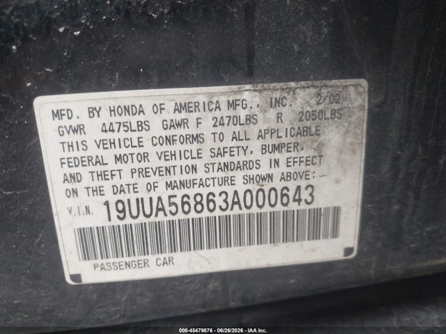 45479876 :رقم المزاد ، 19UUA56863A000643 vin ، 2003 Acura Tl 3.2 Type S مزاد بيع