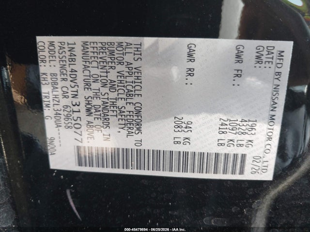 1N4BL4DV5TN315077 Nissan Altima Sv Fwd