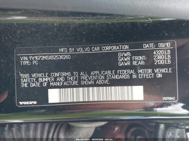 Aukcja sprzedaży 2011 Volvo S40 R-design/t5 (retail Only), vin: YV1672MSXB2536260, numer aukcji: 45479921