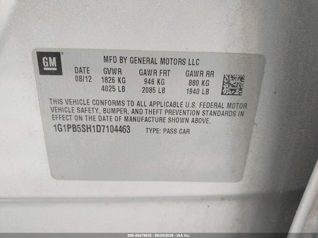 Aukcja sprzedaży 2013 Chevrolet Cruze Ls Manual, vin: 1G1PB5SH1D7104463, numer aukcji: 45479930