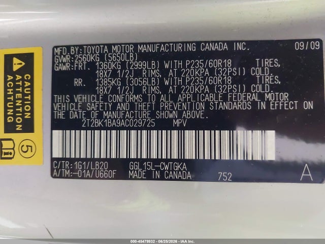 45479932 :رقم المزاد ، 2T2BK1BA9AC029725 vin ، 2010 Lexus Rx 350 مزاد بيع