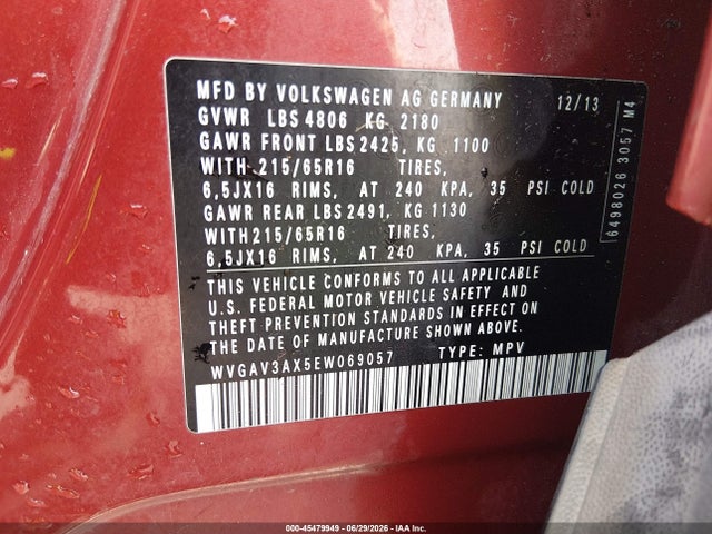 Продажа на аукционе авто 2014 Volkswagen Tiguan S, vin: WVGAV3AX5EW069057, номер лота: 45479949