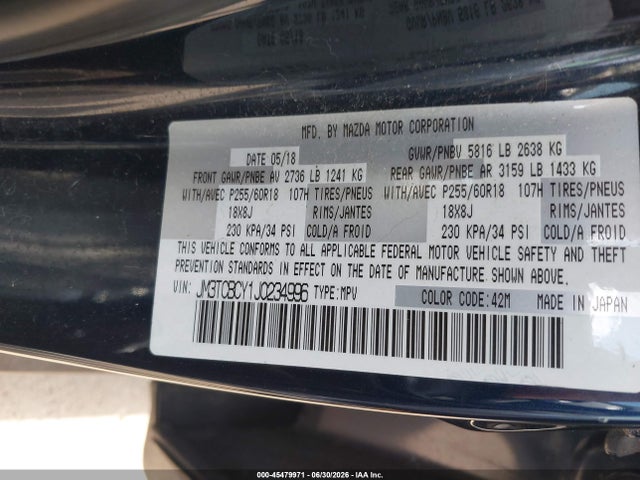 45479971 :رقم المزاد ، JM3TCBCY1J0234996 vin ، 2018 Mazda Cx-9 Touring مزاد بيع