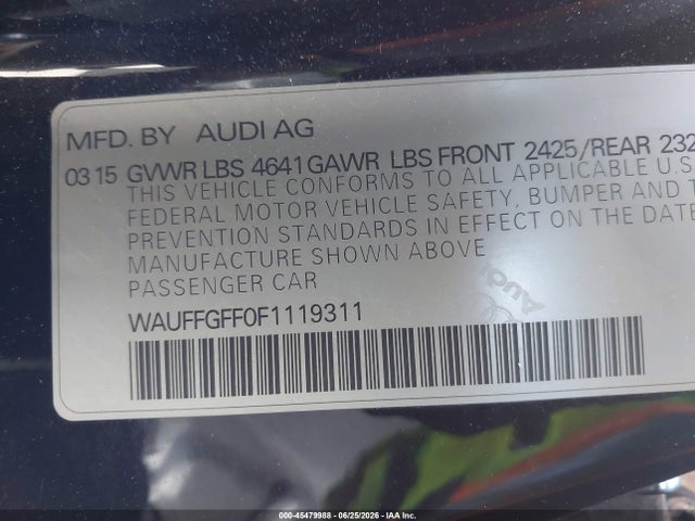2015 Audi S3 2.0t Premium Plus მანქანა იყიდება აუქციონზე, vin: WAUFFGFF0F1119311, აუქციონის ნომერი: 45479988