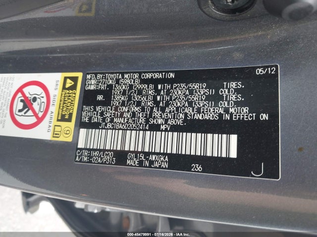 Aukcja sprzedaży 2013 Lexus Rx 450h, vin: JTJBC1BA6D2052414, numer aukcji: 45479991