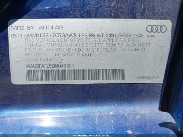 Продажа на аукционе авто 2013 Audi A4 2.0t Premium, vin: WAUBFAFL5DN045391, номер лота: 45480037