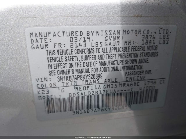 45480038 :رقم المزاد ، 3N1AB7AP8KY326899 vin ، 2019 Nissan Sentra Sv مزاد بيع