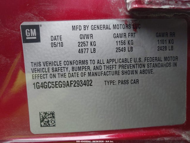 Aukcja sprzedaży 2010 Buick Lacrosse Cxl, vin: 1G4GC5EG9AF293402, numer aukcji: 45480044