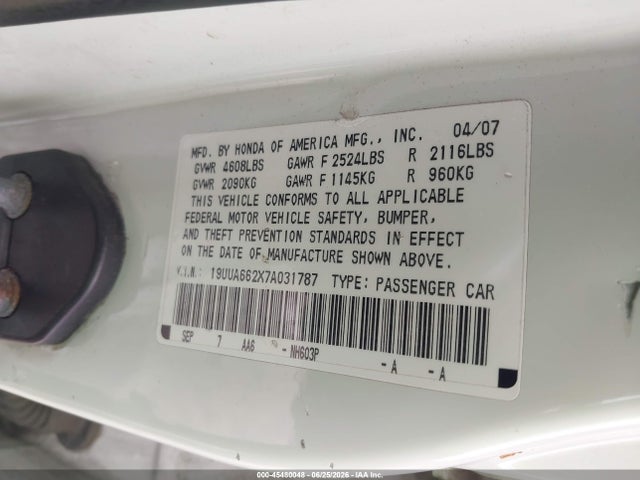 2007 Acura Tl 3.2 მანქანა იყიდება აუქციონზე, vin: 19UUA662X7A031787, აუქციონის ნომერი: 45480048