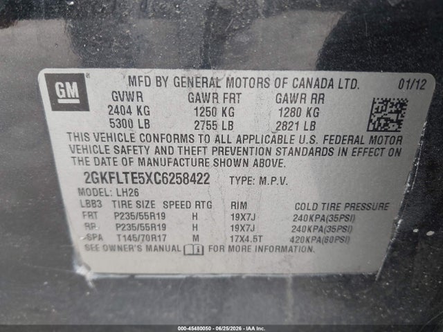 Продажа на аукционе авто 2012 Gmc Terrain Sle-2, vin: 2GKFLTE5XC6258422, номер лота: 45480050