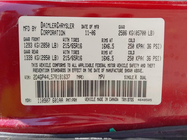 45480051 :رقم المزاد ، 2D4GP44L57R181637 vin ، 2007 Dodge Grand Caravan Sxt مزاد بيع