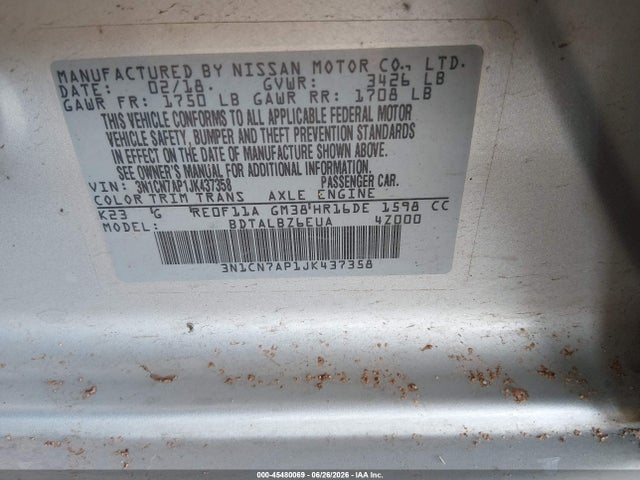 3N1CN7AP1JK437358 Nissan Versa 1.6 Sv