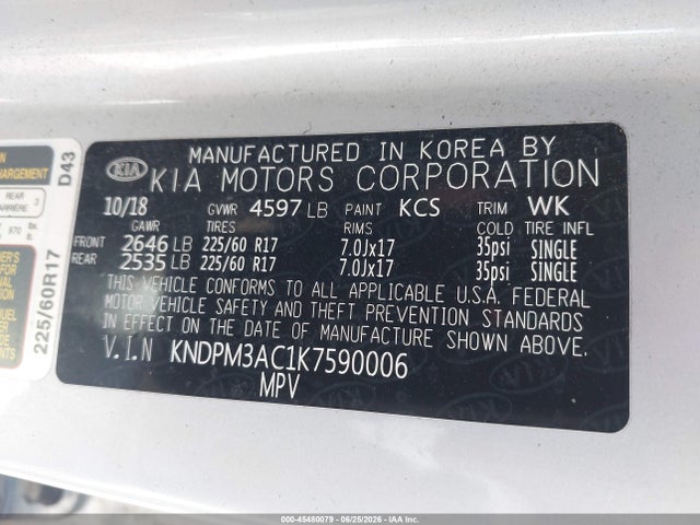 Auction sale of the 2019 Kia Sportage Lx, vin: KNDPM3AC1K7590006, lot number: 45480079