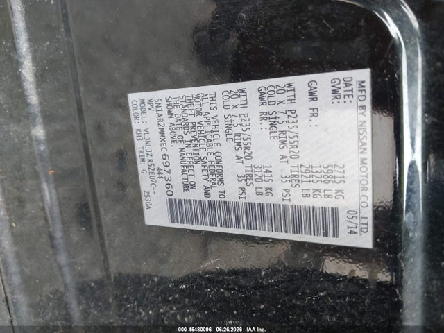 45480096 :رقم المزاد ، 5N1AR2MMXEC697360 vin ، 2014 Nissan Pathfinder Platinum مزاد بيع