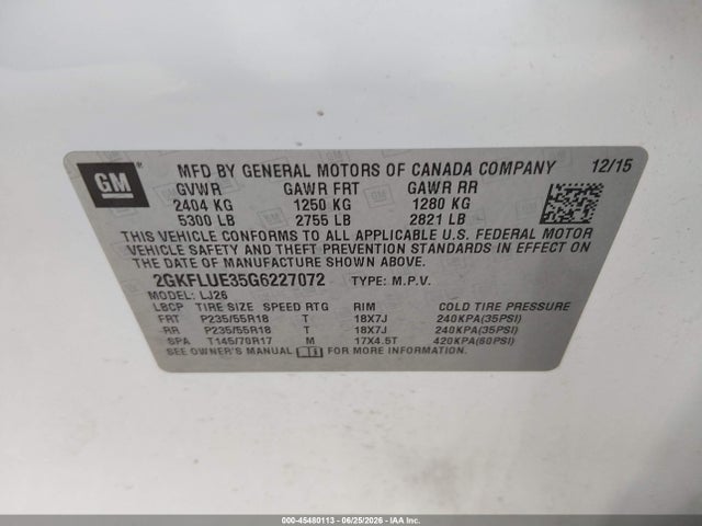 Aukcja sprzedaży 2016 Gmc Terrain Slt, vin: 2GKFLUE35G6227072, numer aukcji: 45480113