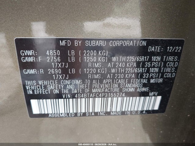 2023 Subaru Outback Premium მანქანა იყიდება აუქციონზე, vin: 4S4BTAFC4P3155274, აუქციონის ნომერი: 45480115