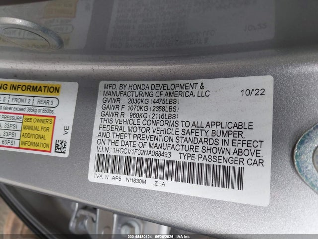 1HGCV1F32NA088493 Honda Accord Sport