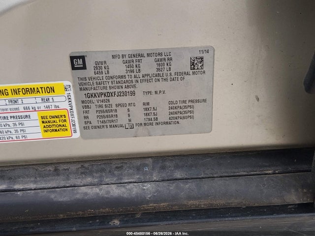 45480156 :رقم المزاد ، 1GKKVPKDXFJ230199 vin ، 2015 Gmc Acadia Sle-2 مزاد بيع