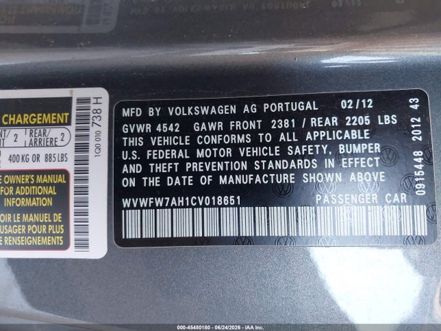 45480180 :رقم المزاد ، WVWFW7AH1CV018651 vin ، 2012 Volkswagen Eos Lux مزاد بيع