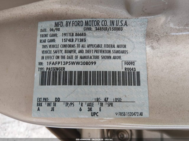 Aukcja sprzedaży 1998 Ford Escort Se, vin: 1FAFP13P5WW308099, numer aukcji: 45480209