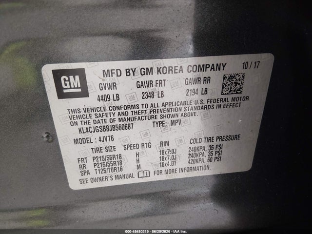 2018 Buick Encore Essence მანქანა იყიდება აუქციონზე, vin: KL4CJGSB8JB560687, აუქციონის ნომერი: 45480219