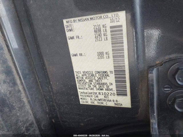 Auction sale of the 2013 Nissan Maxima 3.5 Sv, vin: 1N4AA5AP2DC810220, lot number: 45480239