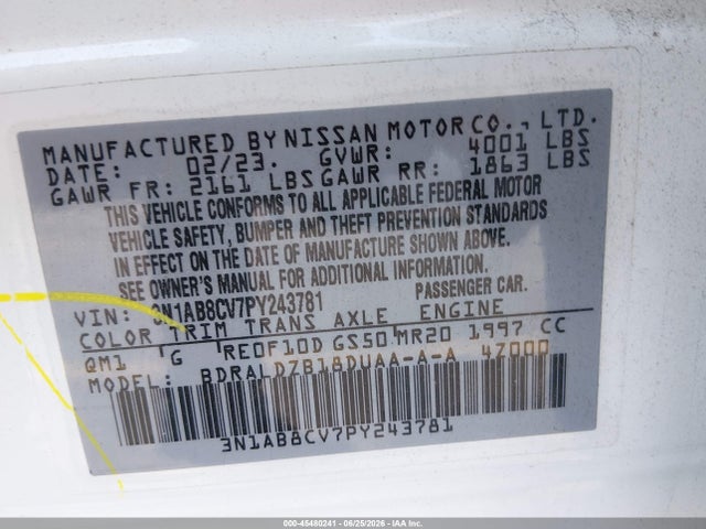 2023 Nissan Sentra Sv Xtronic Cvt მანქანა იყიდება აუქციონზე, vin: 3N1AB8CV7PY243781, აუქციონის ნომერი: 45480241