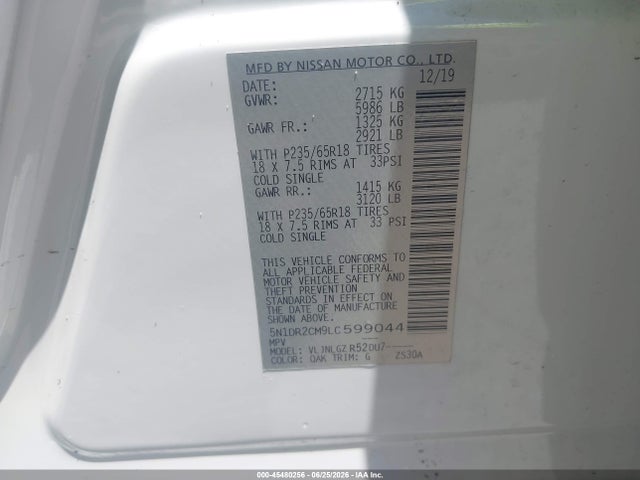 Nissan Pathfinder Sl 4wd 2020 5N1DR2CM9LC599044 Image 9