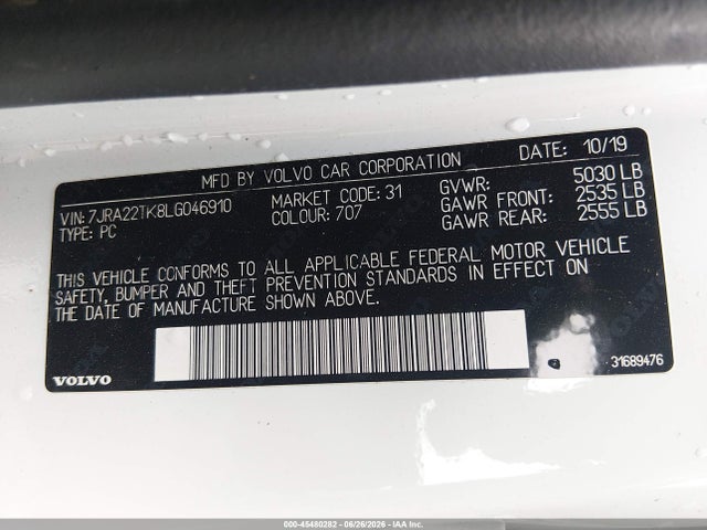Продажа на аукционе авто 2020 Volvo S60 T6 Momentum, vin: 7JRA22TK8LG046910, номер лота: 45480282