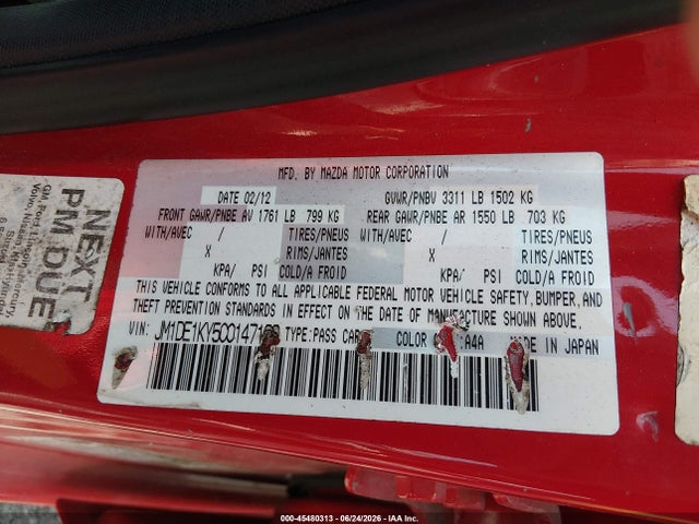 45480313 :رقم المزاد ، JM1DE1KY5C0147169 vin ، 2012 Mazda Mazda2 Sport مزاد بيع