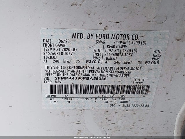 2FMPK4J90PBA58336 Ford EDGE SEL