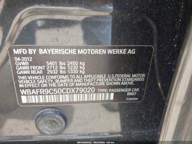 45480322 :رقم المزاد ، WBAFR9C50CDX79020 vin ، 2012 Bmw 550i مزاد بيع