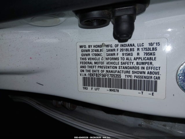 45480326 :رقم المزاد ، 19XFB2F56FE705355 vin ، 2015 Honda Civic Lx مزاد بيع