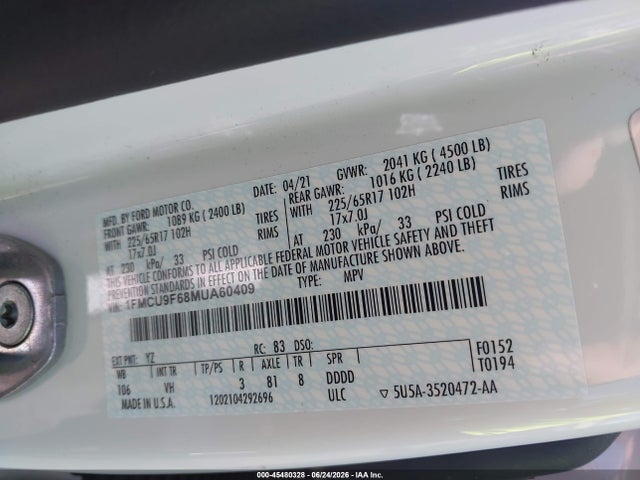 1FMCU9F68MUA60409 Ford ESCAPE S